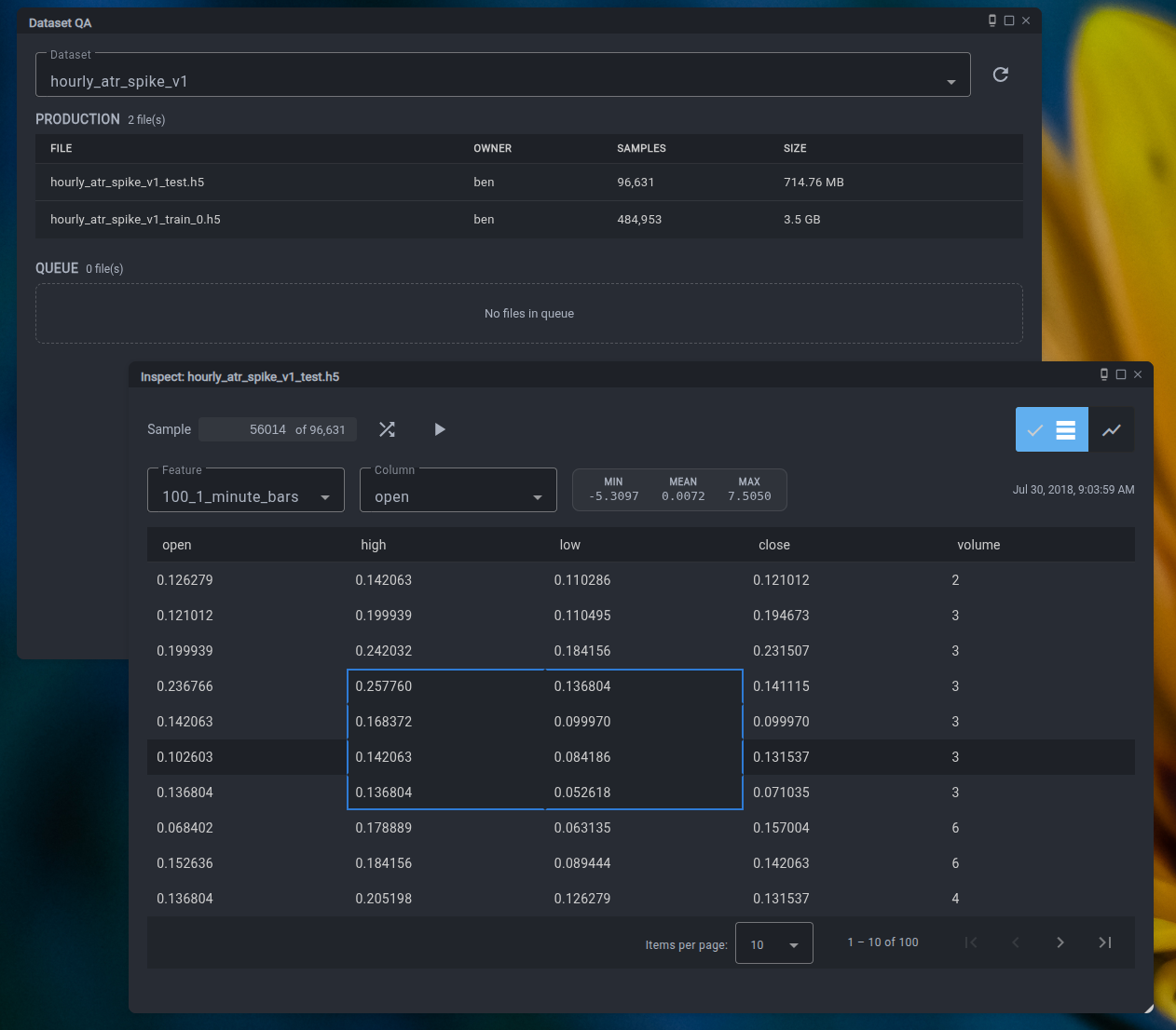 Dataset QA — production files with sample counts and sizes, data inspection table