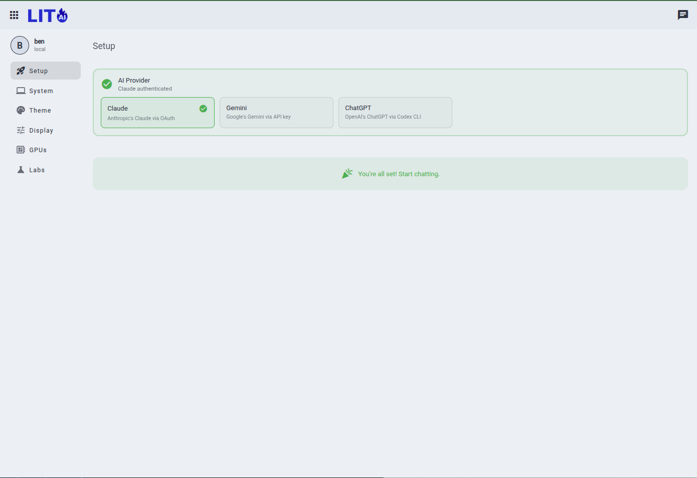 LIT Platform setup complete — ready to chat