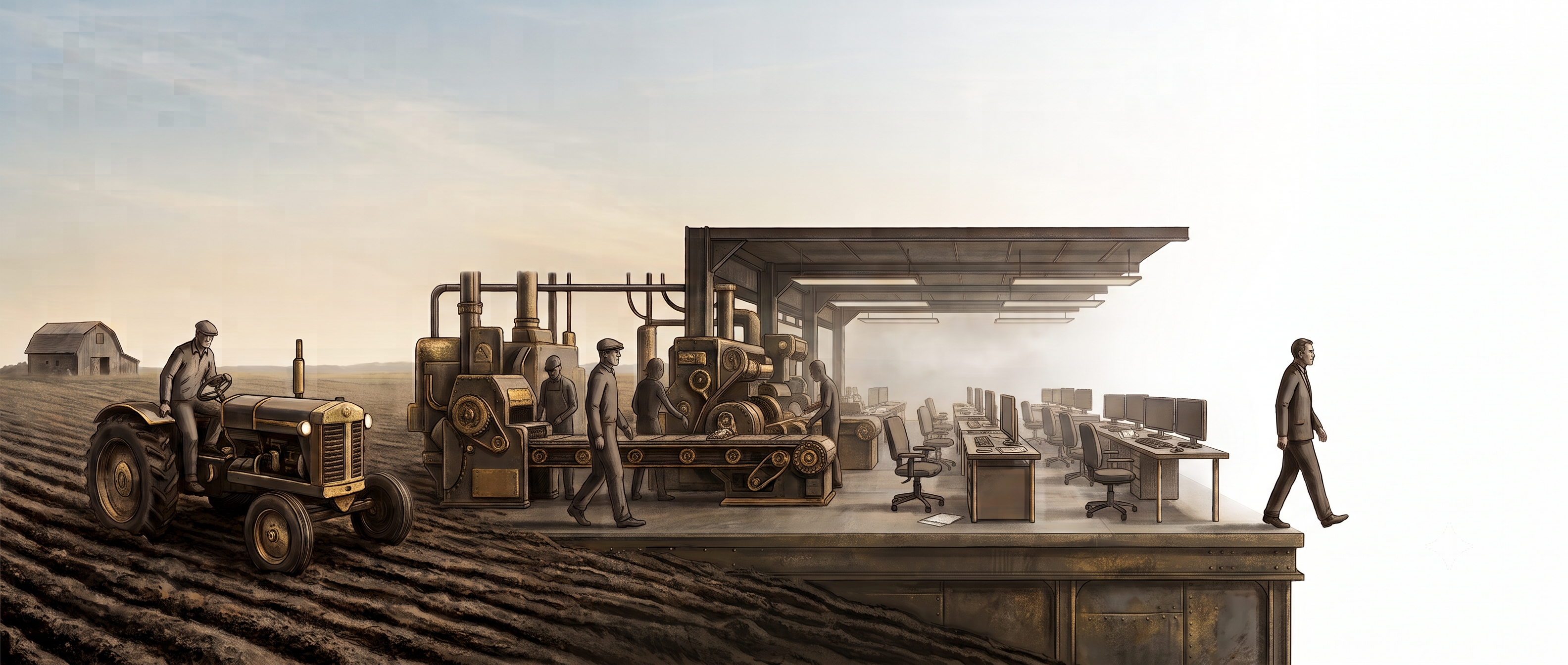 Field, factory, office — and then the floor ends. A lone office worker steps off the edge of a raised floor; behind him stretch the eras of work — a tractor in a field, a factory, rows of office desks — and ahead of him there is nothing but empty space