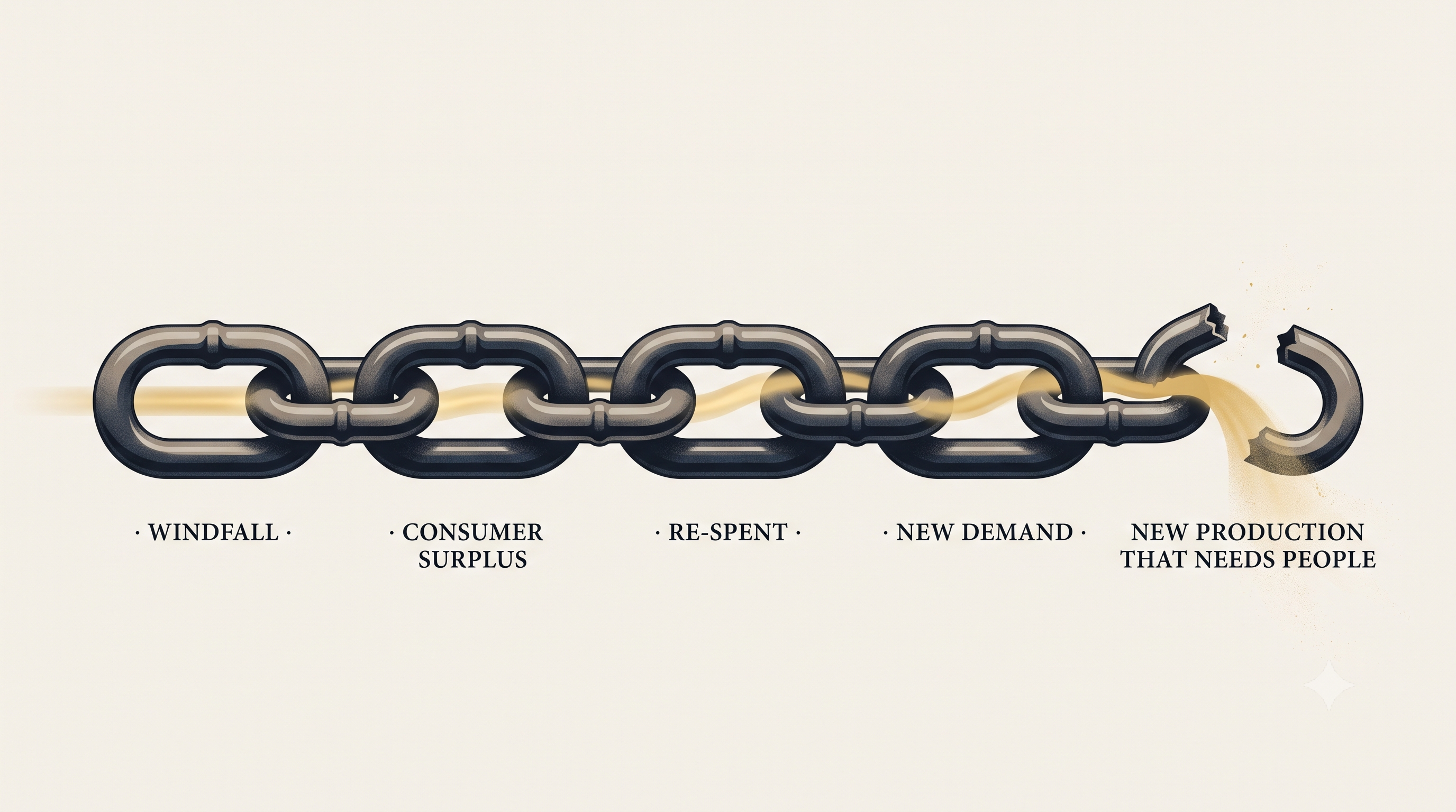This time the chain snaps on the fifth link — and the value pours out where new work used to be. The same five-link chain, but the fifth link is snapped open and the golden value pours out at the break